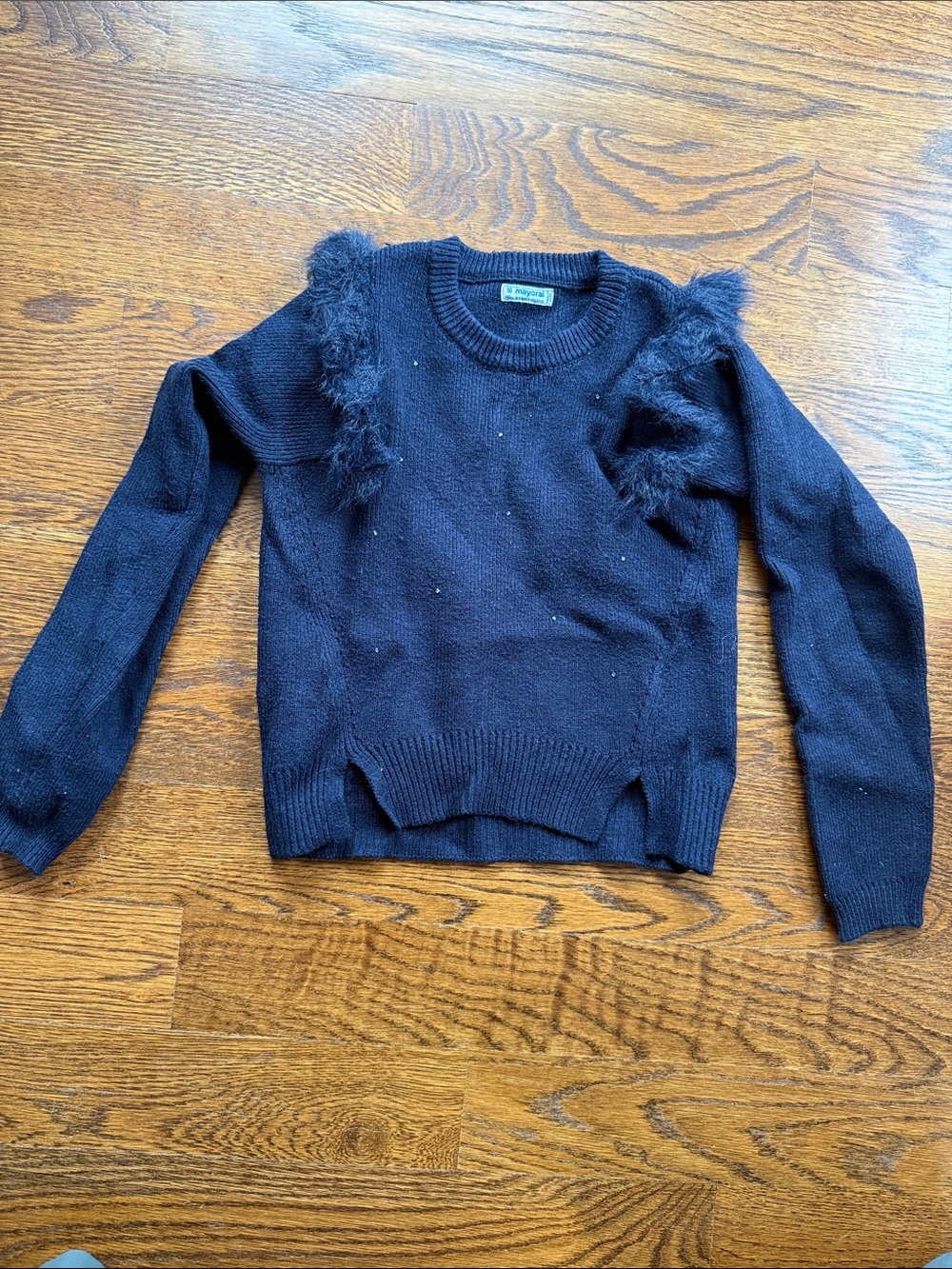 Mayoral Black Crewneck Sweater with Feather Shoulder Trim